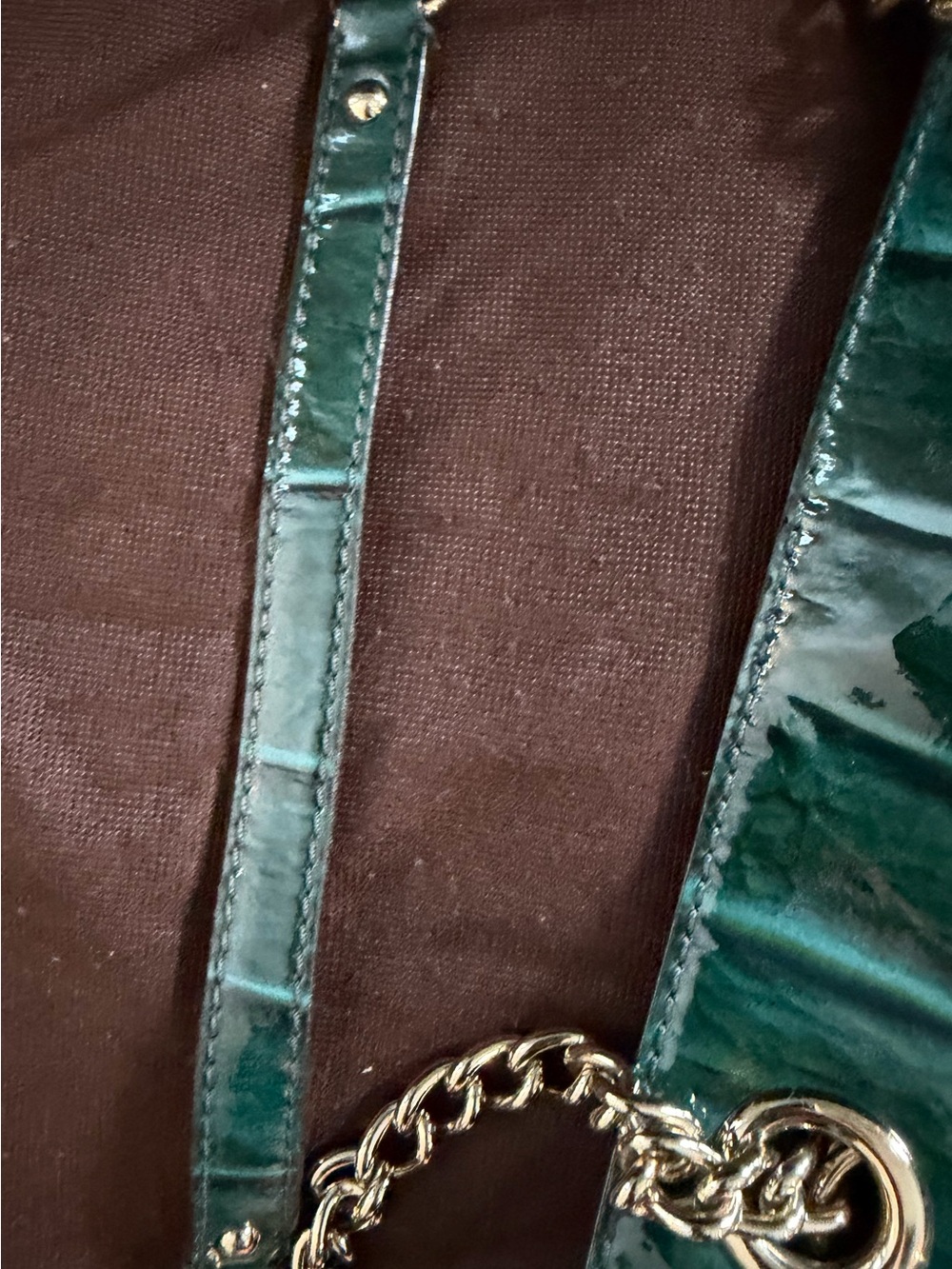 kate spade glossy crocodile-embossed teal patent leather chain tote - Picture 6 of 9